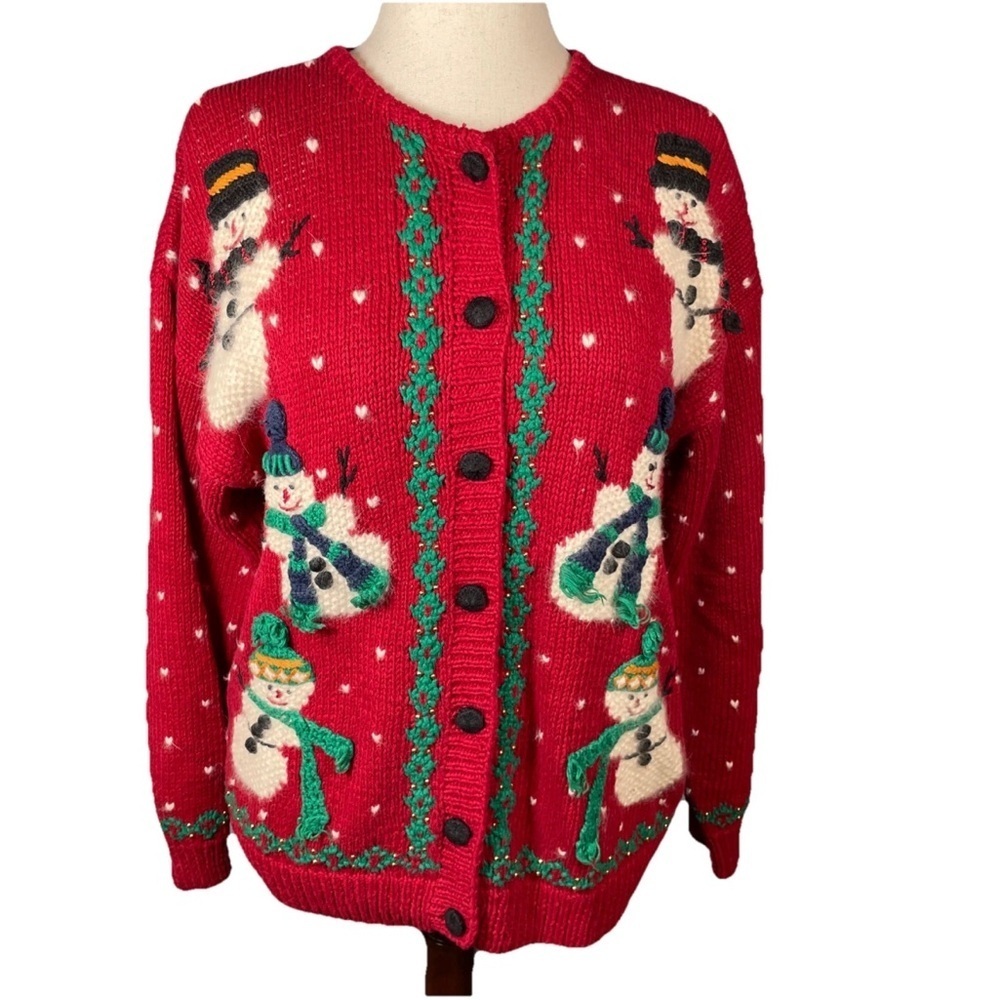 Vintage Boundary Waters Christmas Cardigan Sweater Womens Size Large Snowmen